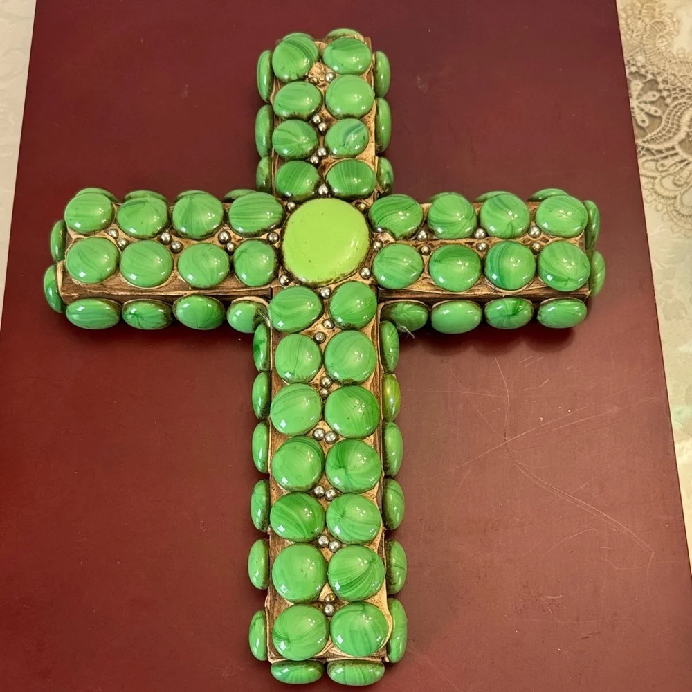 Handmade Artisans Green Beaded Cross Wall Decor